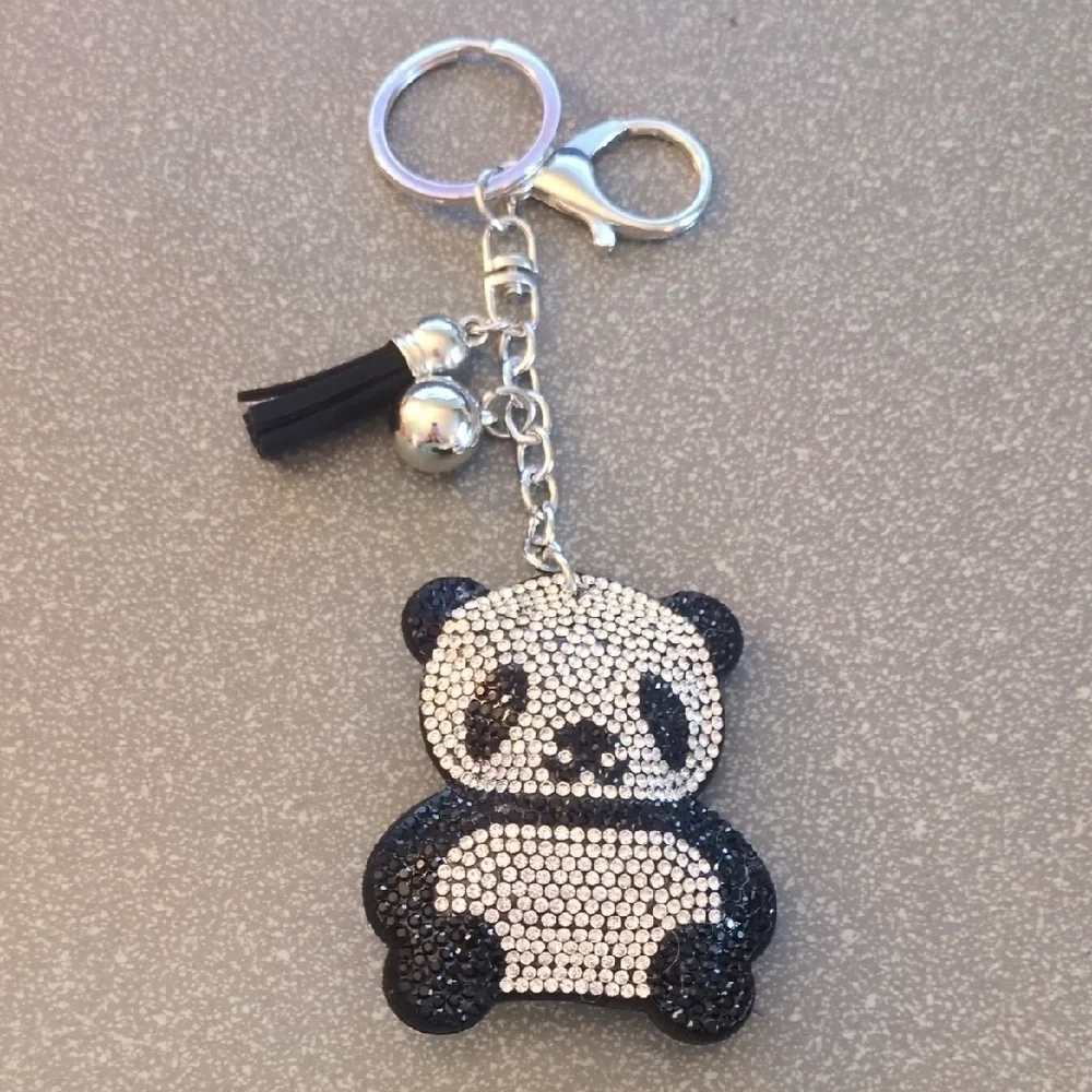 Panda Keychain Or Bag Charm, Silver with Black And White Rhinestones